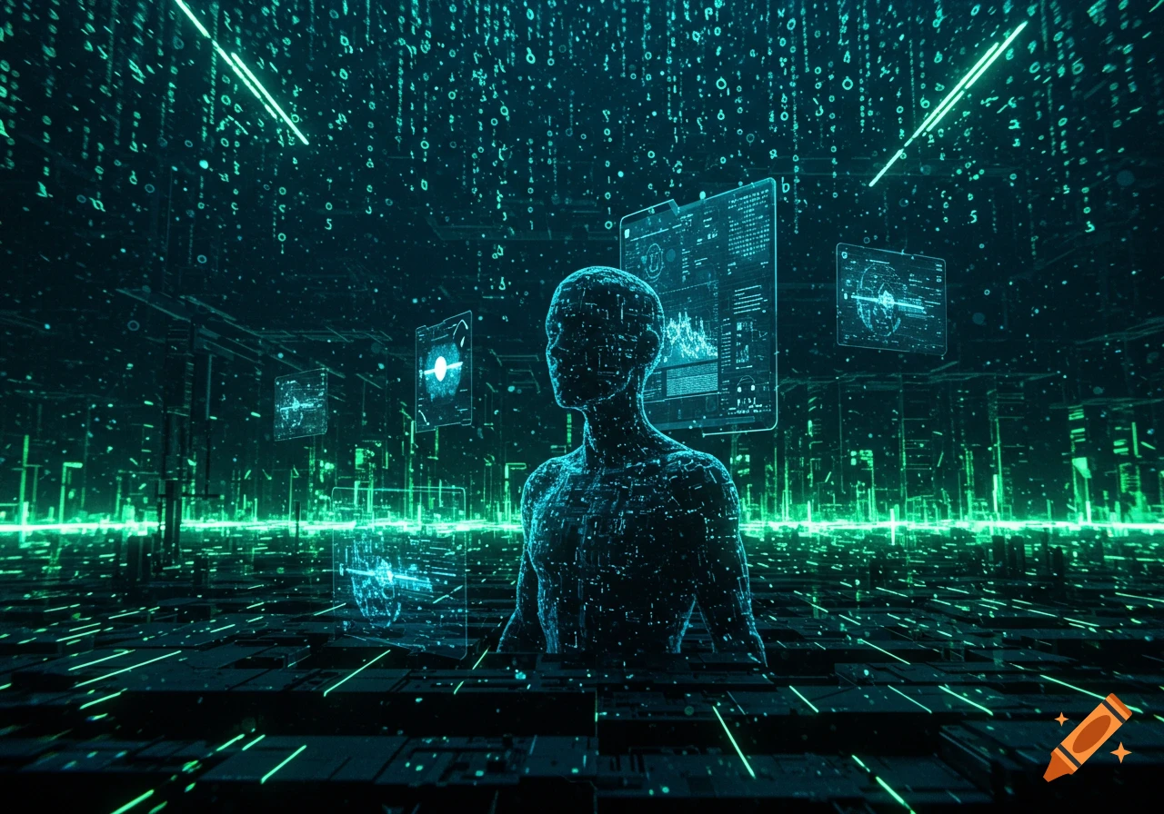 A luminous digital human figure stands amidst a dark, futuristic environment with glowing green data streams, binary code, and holographic screens.