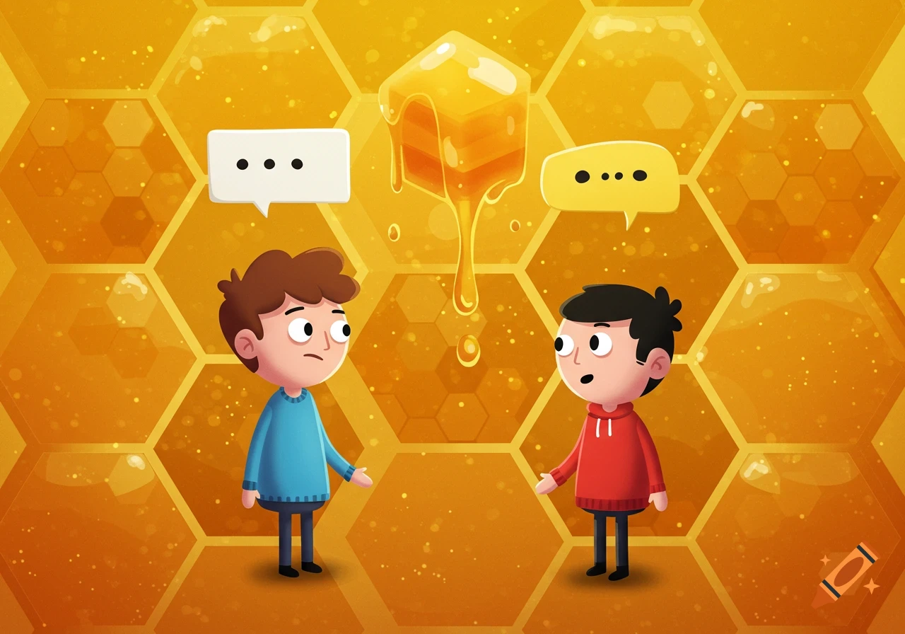 Cartoon illustration of two boys talking with speech bubbles on a honeycomb background, with a dripping honey cube in the center.