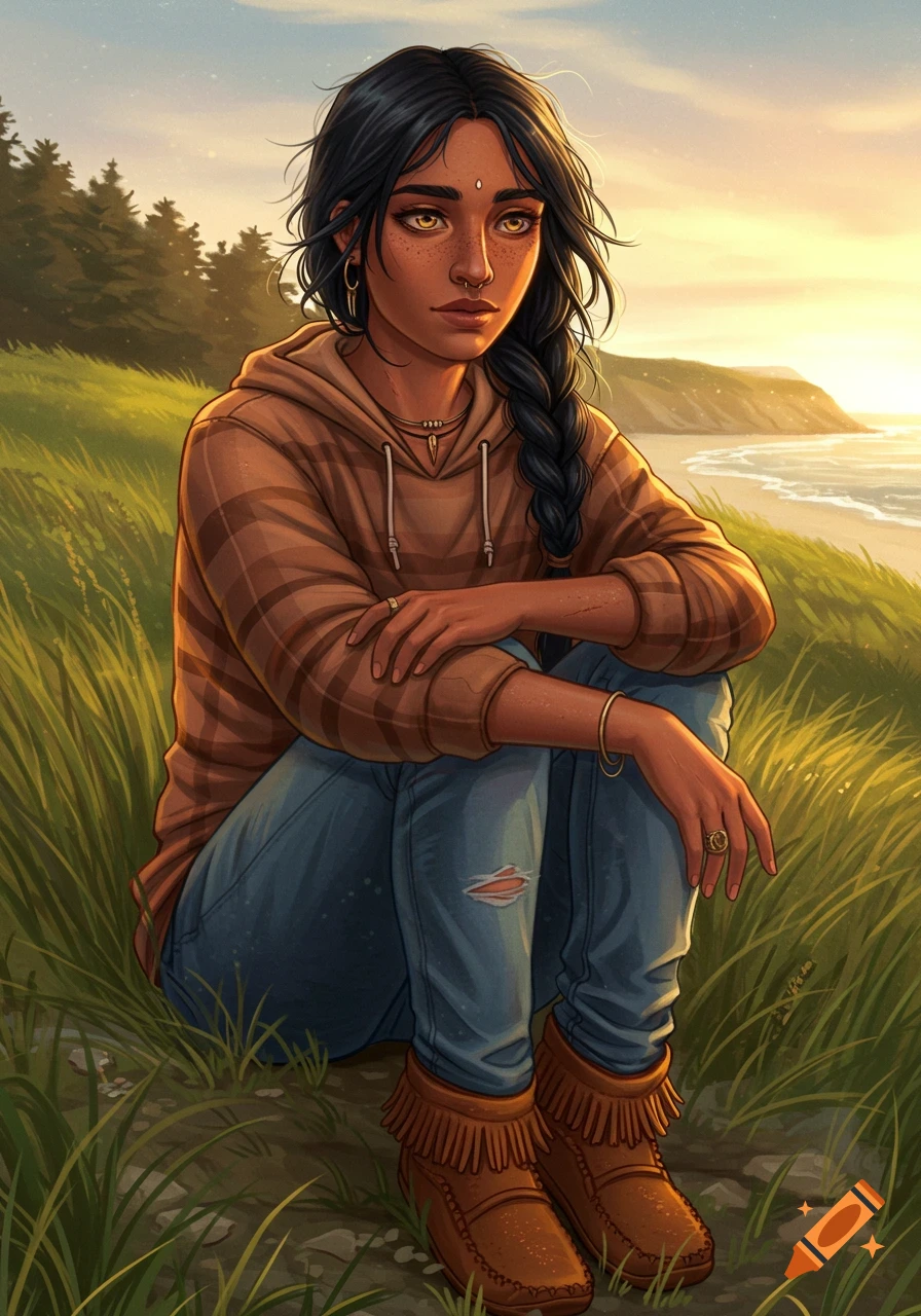 A dark-haired woman with golden eyes sits on a grassy hill overlooking a beach and ocean at sunset, in an illustrative style.