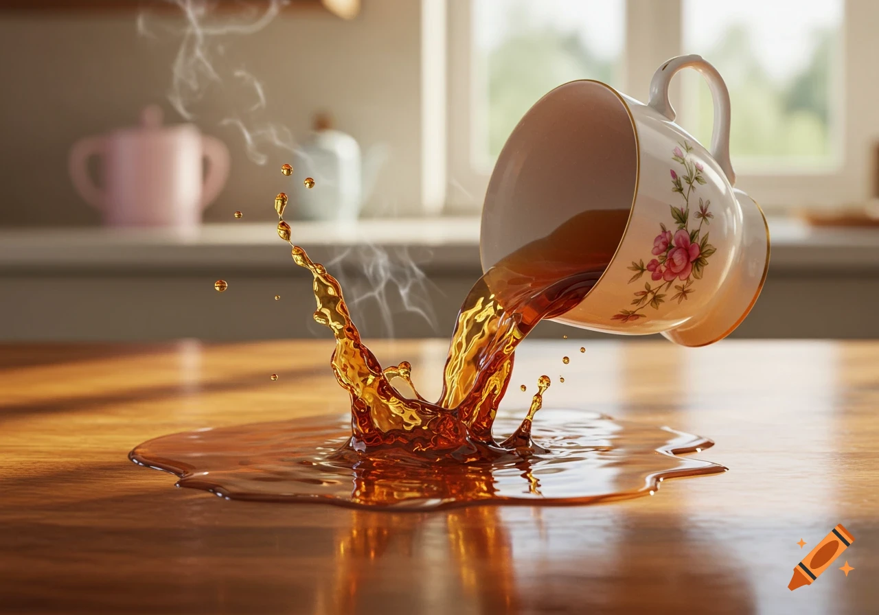 A photorealistic image of a white ceramic teacup falling over and spilling hot tea onto a wooden table, with steam rising.