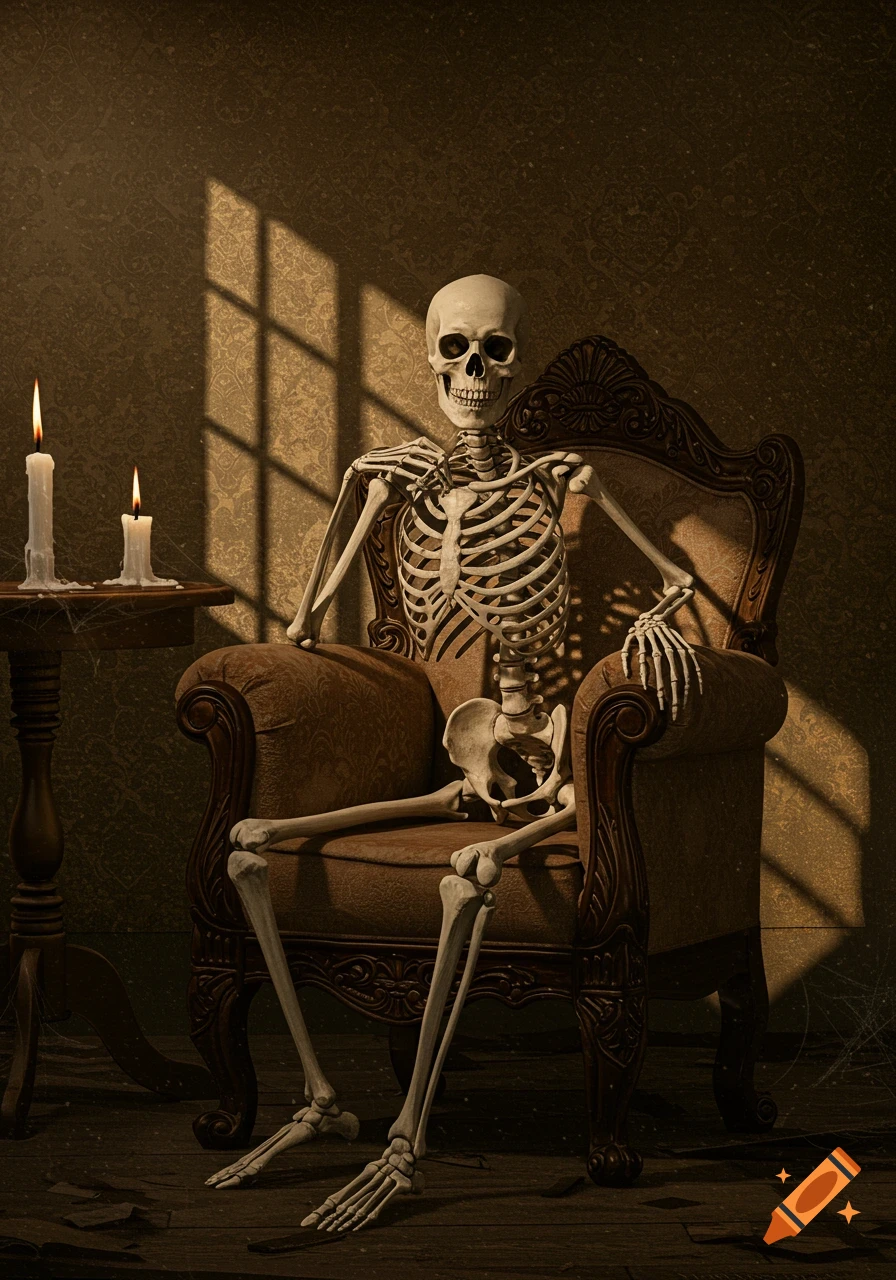 A photorealistic skeleton sits in an ornate armchair in a dimly lit, dusty room with two lit candles on a table.