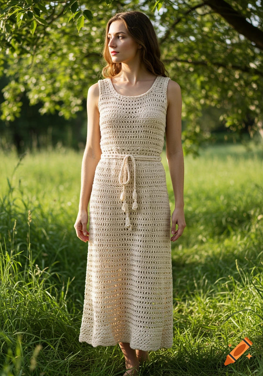 Photorealistic image of a woman in a beige crochet dress standing in a grassy field under soft sunlight.