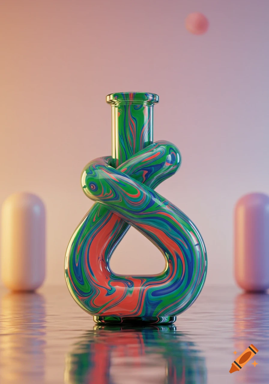 A glossy, abstract 3D rendered bottle tied in a knot, featuring a green, blue, and red marbled pattern, sitting on a reflective surface.