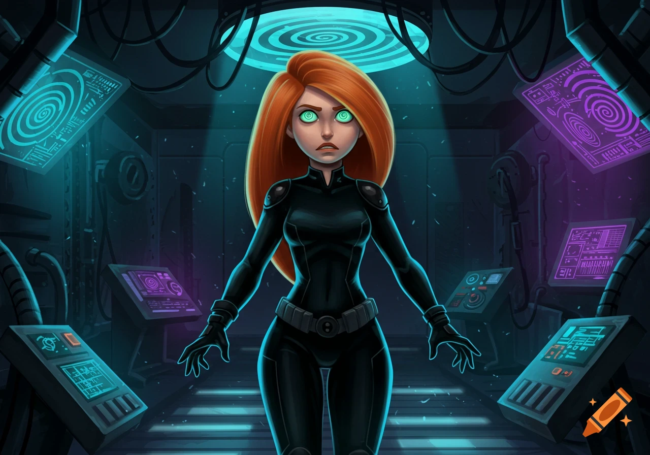 A cartoon character resembling Kim Possible stands hypnotized in a dark, high-tech lab with glowing screens and swirling patterns.
