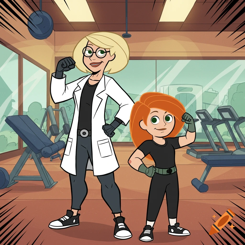 Kim Possible and her mother, Dr. Ann Possible, flex their muscles in a cartoon gym setting.