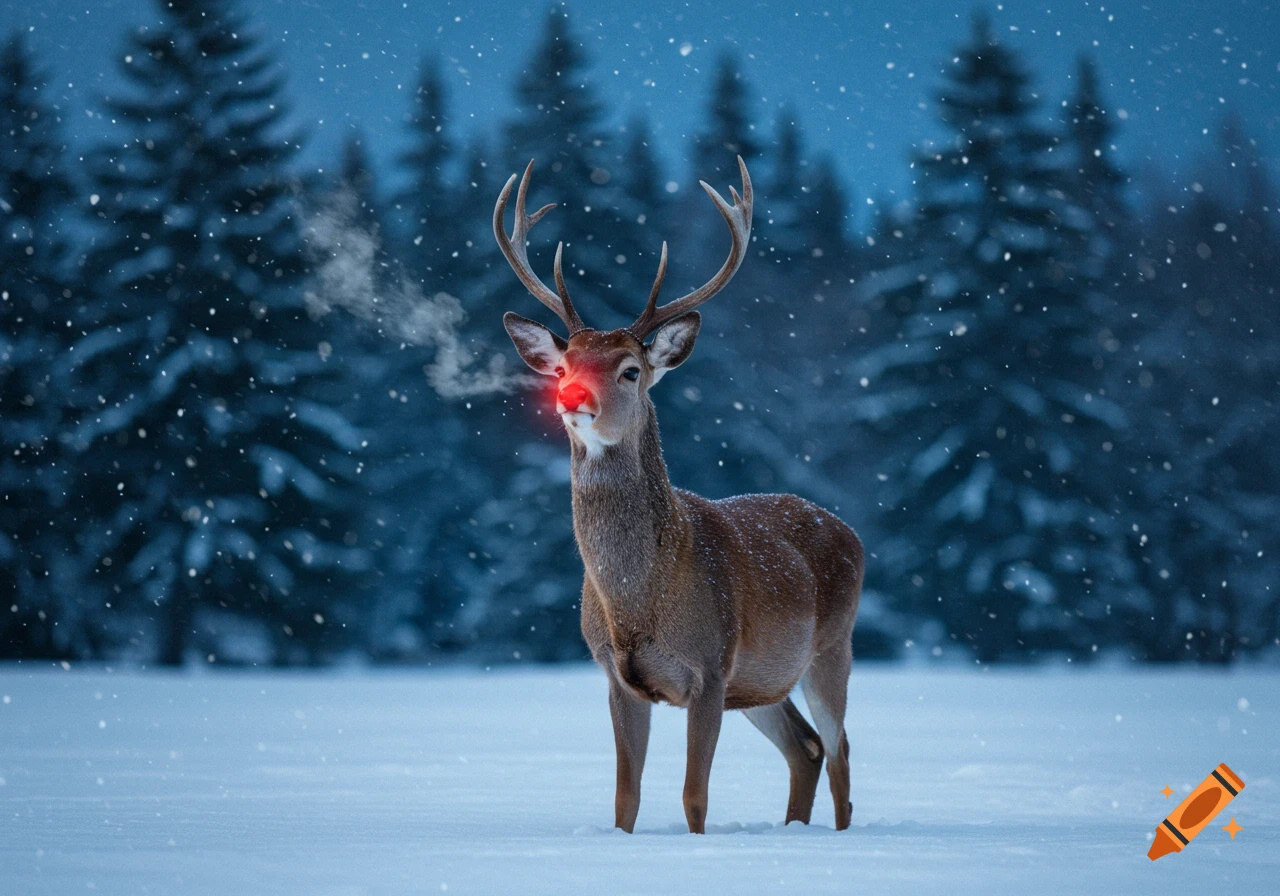 A photorealistic deer with a bright red nose stands in a snowy forest during a snowfall.