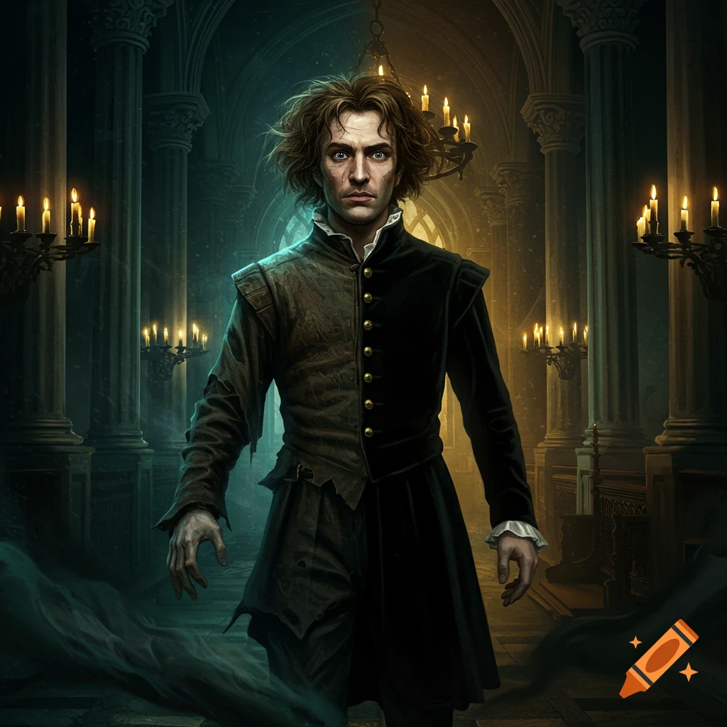 A man with disheveled brown hair and intense blue eyes stands in a dark gothic hall with pillars and chandeliers, wearing a tattered dark coat.