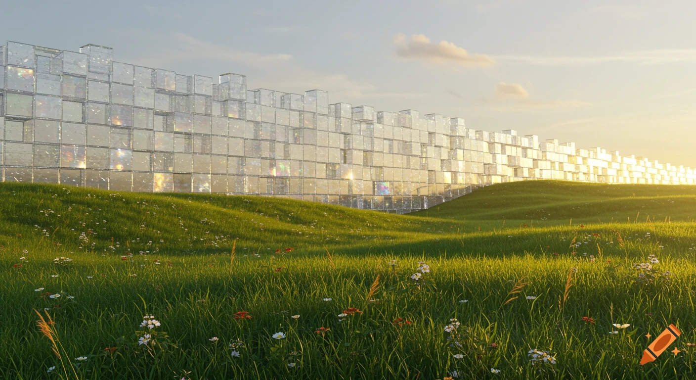 A gigantic translucent wall made of shimmering cubes stands on rolling green hills under a bright sky with the sun setting.