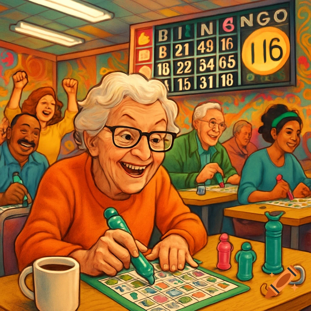 An elderly woman in an orange sweater smiles widely while marking her bingo card. Other diverse participants cheer and play in the background, with a large bingo board displaying numbers.