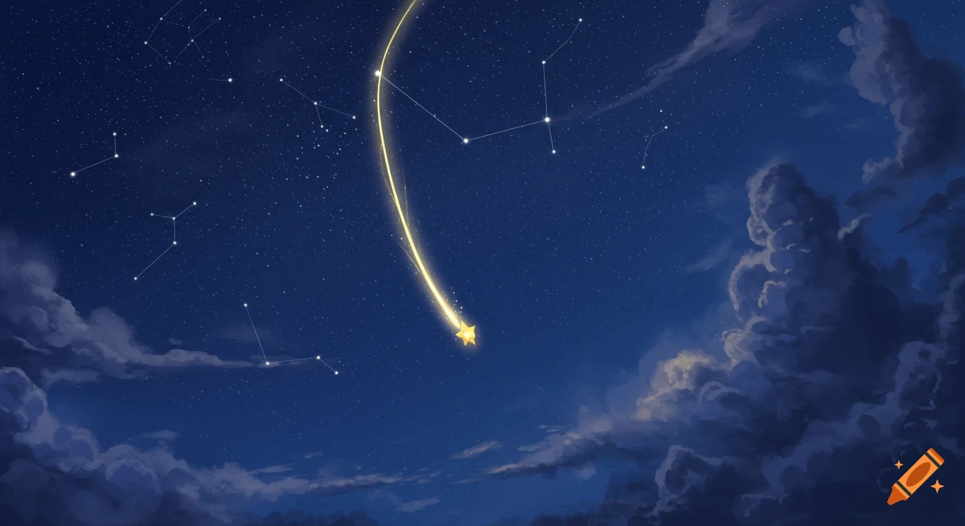 A golden star streaks across a dark blue night sky with constellations and fluffy clouds, in a dreamlike illustration.