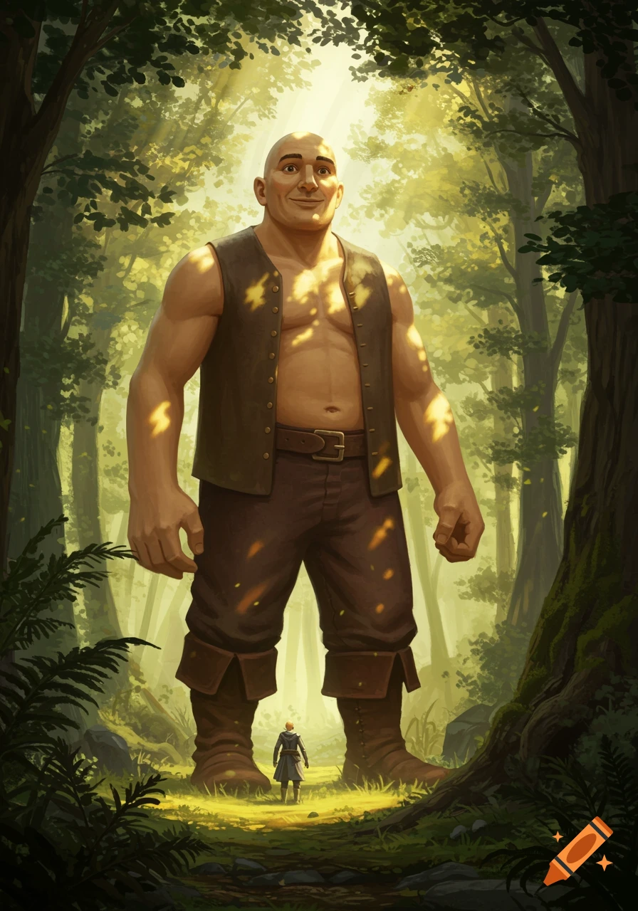 A giant bald man in a brown vest and pants stands in a sun-dappled forest, looking down at a small figure on the path.