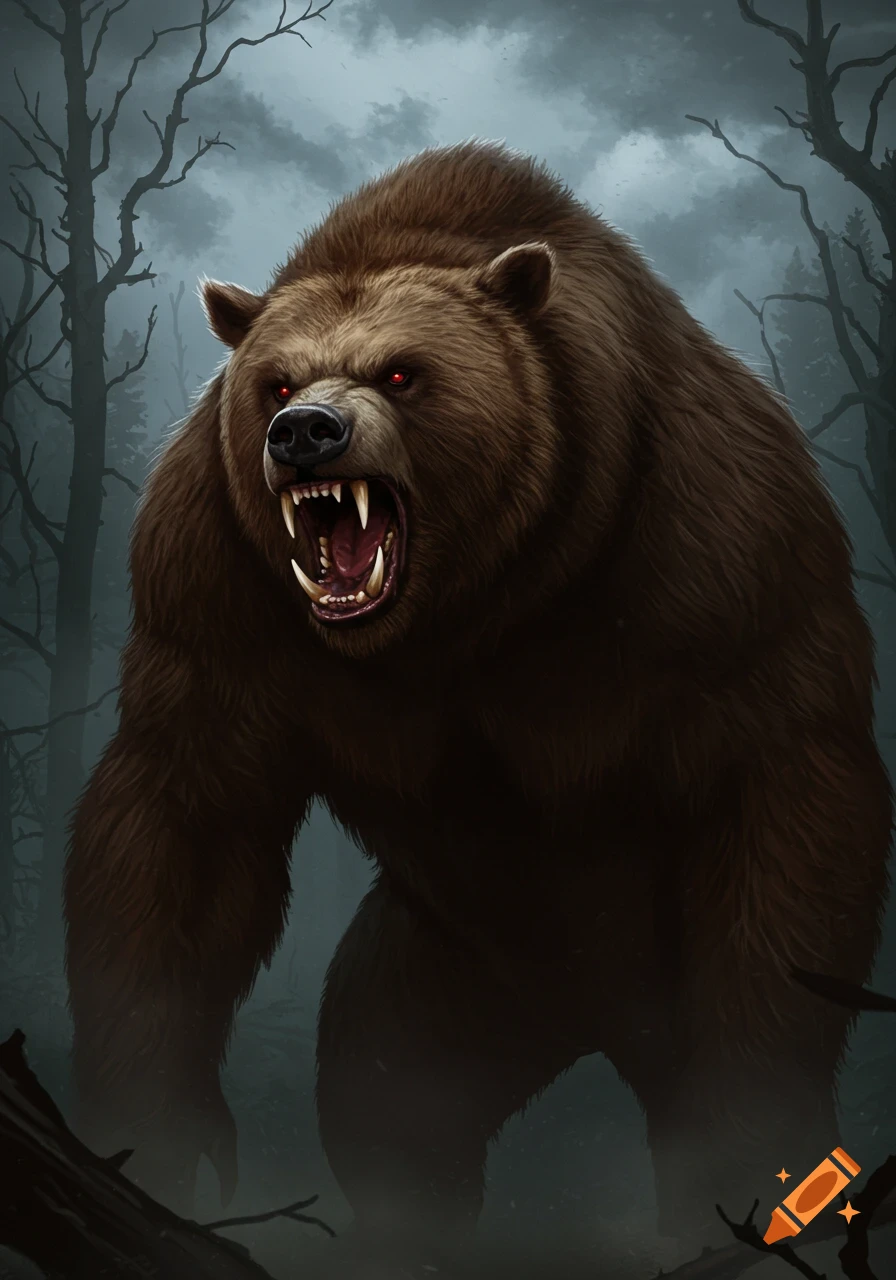 A fierce brown bear with glowing red eyes and bared fangs roars in a dark, misty forest.