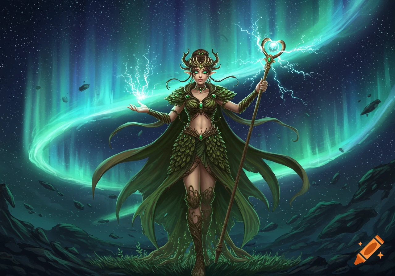 A female fantasy character in green leafy armor with a glowing staff, surrounded by an aurora borealis and cosmic energy.