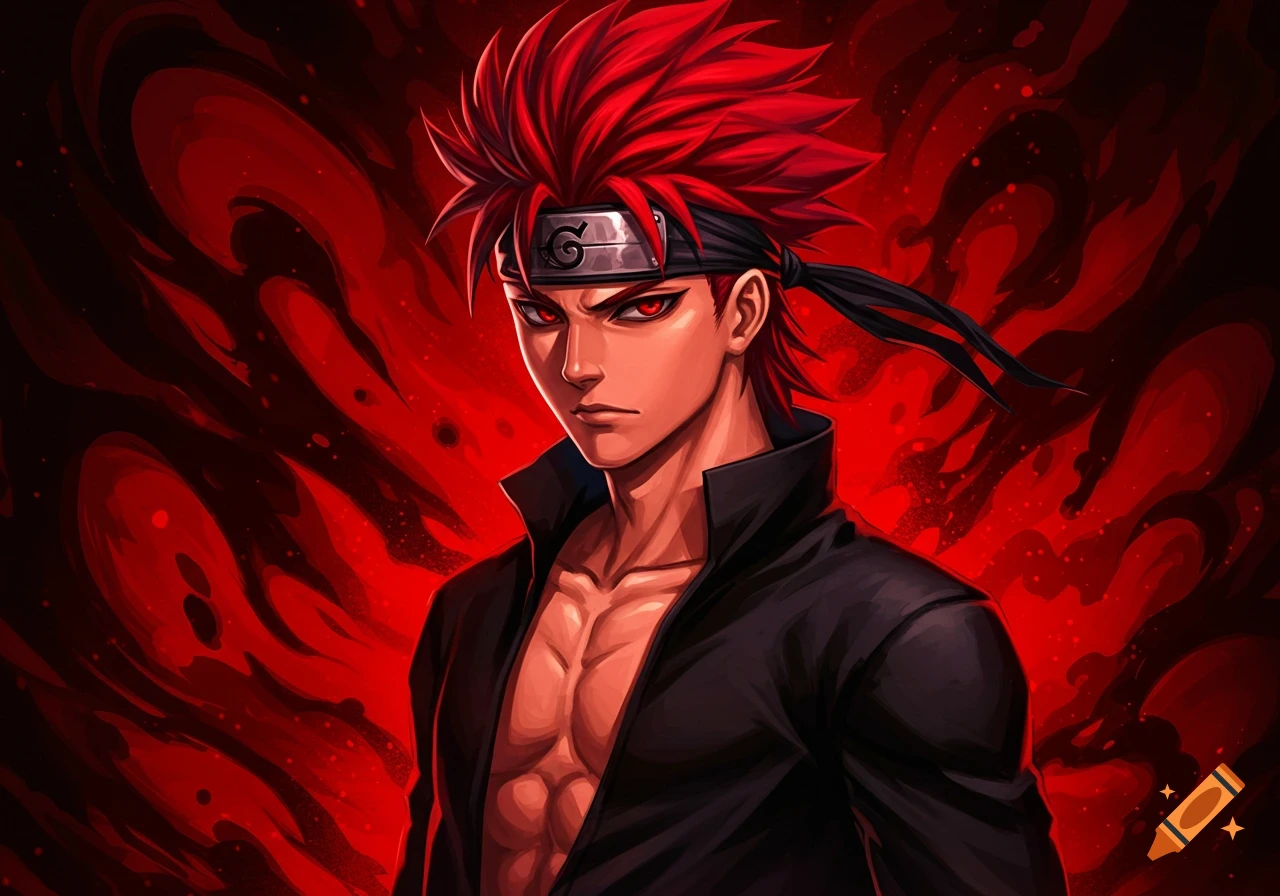 An anime character with spiky red hair, red eyes, and a black open jacket, wearing a black headband with a stylized symbol. The background is a vibrant red and black swirl.
