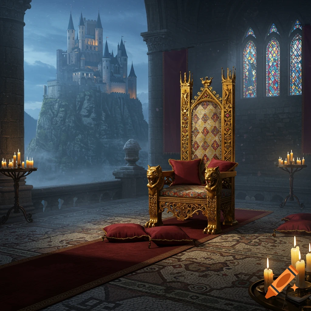 A grand golden throne with red cushions in a dark, ornate room, overlooking a misty castle on a hill.