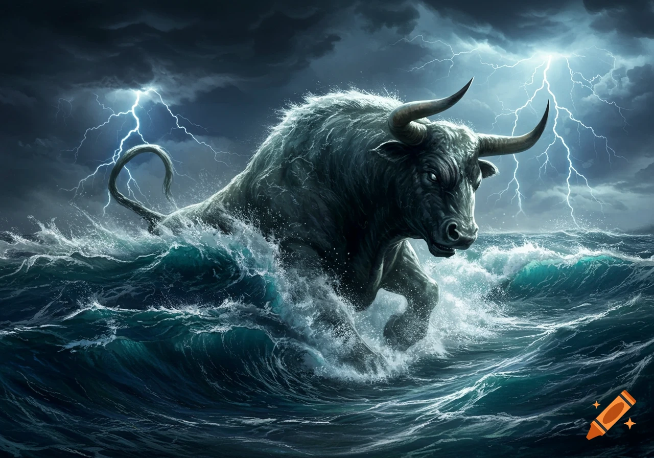 A powerful, dark bull creature rises from stormy ocean waves under a lightning-filled sky.