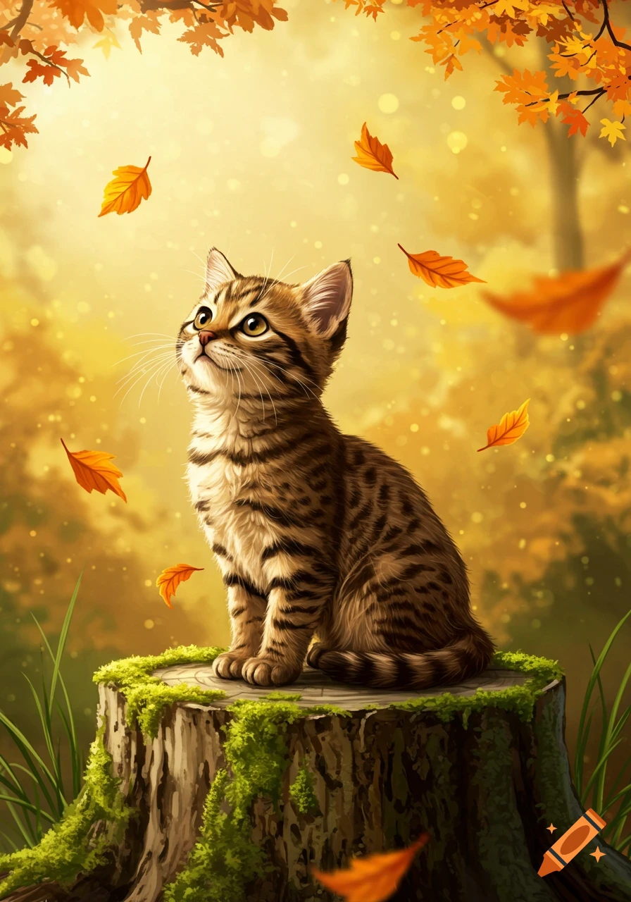 A cute tabby kitten sits on a mossy tree stump, looking up at golden autumn leaves falling in a digital illustration.