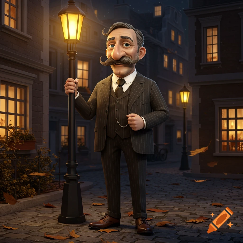 A cartoonish man with a large mustache and prominent nose stands holding a lamppost on a cobblestone street at night.