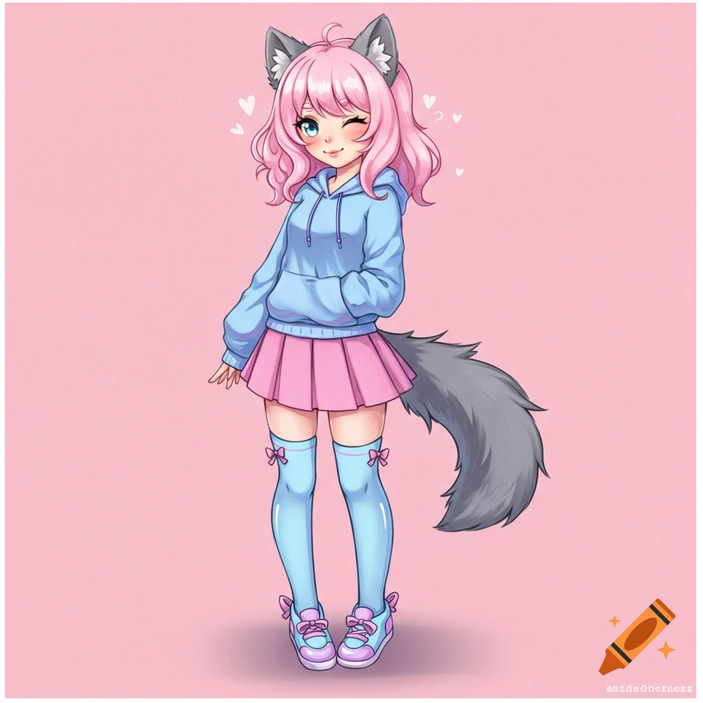 Cute anime wolf girl with pink hair, wolf ears, grey tail, blue hoodie, pink skirt, and blue thigh-high socks winks.