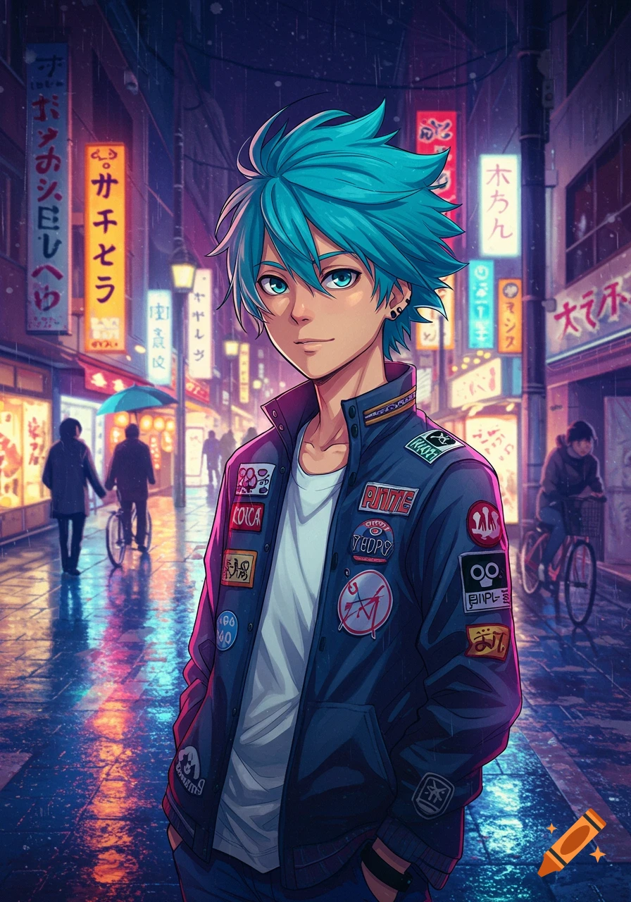 Anime boy with teal hair and a patched jacket stands on a wet city street at night under neon signs.