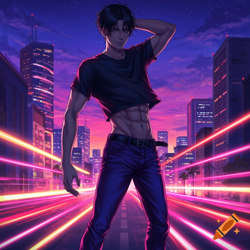 Anime boy in a crop top and purple jeans stands in a futuristic city with neon lights at sunset.