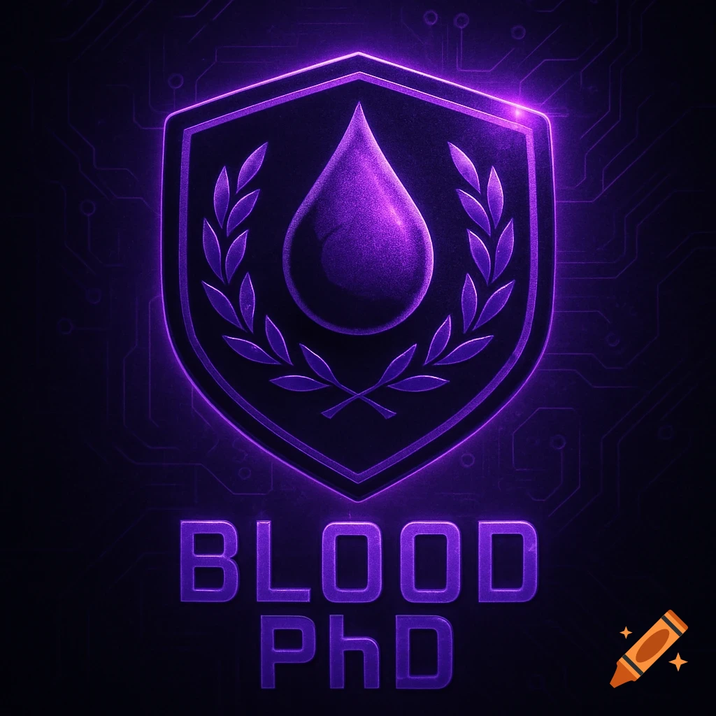 A glowing purple shield logo featuring a stylized blood drop and branches, with the text 'BLOOD PhD' below, set against a dark, subtle circuit board background.