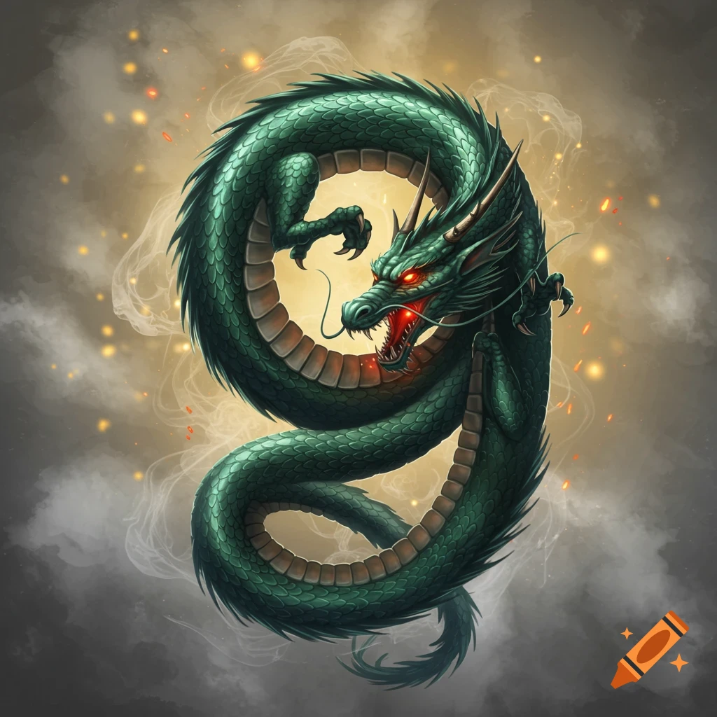A green dragon with red eyes coiled in the shape of the number nine, surrounded by smoke and sparks, in a digital art style.