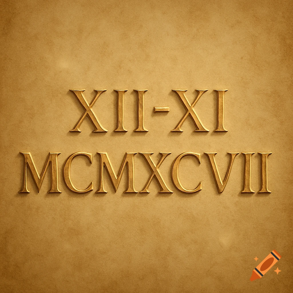 Gold embossed Roman numerals "XII-XI MCMXCVII" on a textured brown background.