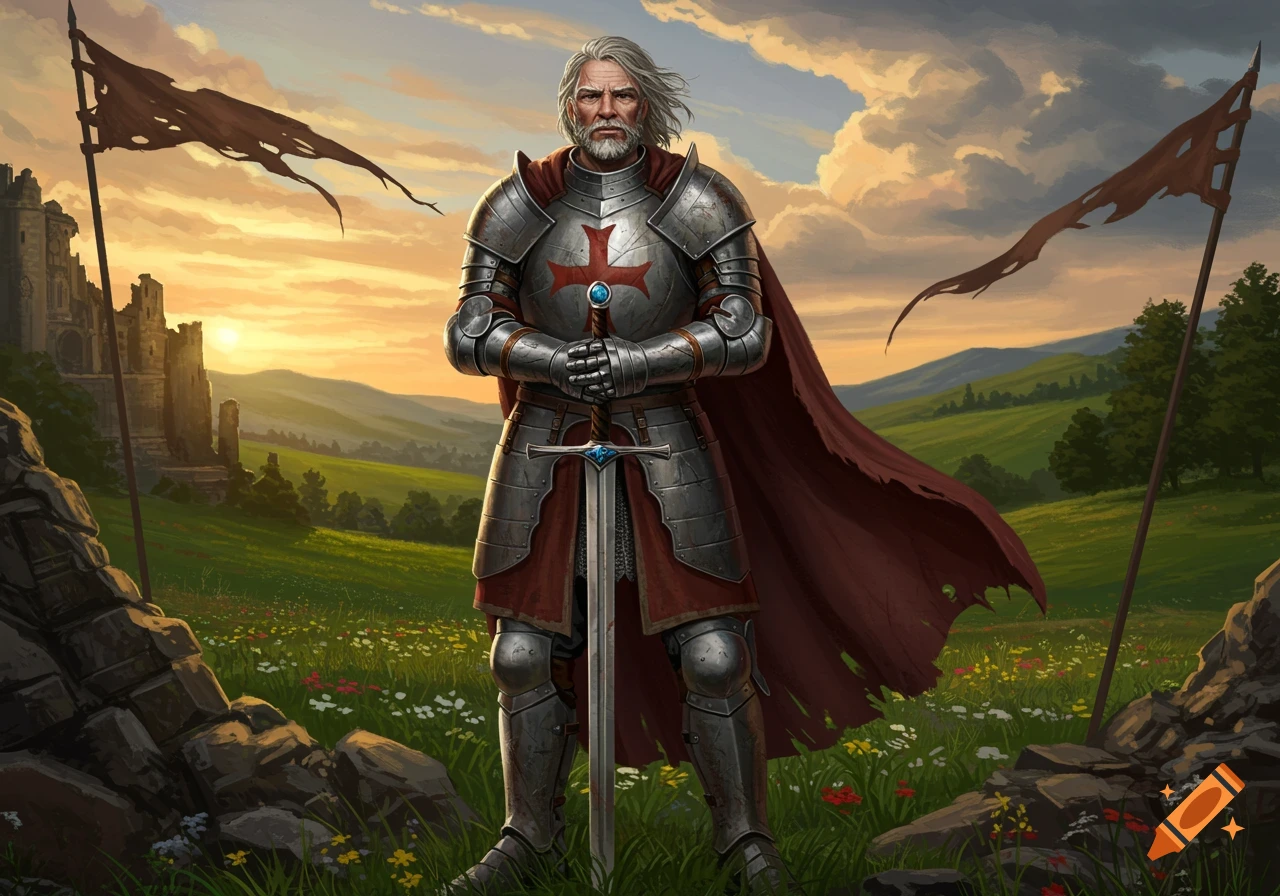 A middle-aged knight in full armor holds a sword in a vibrant, flowery field with castle ruins and tattered flags under a sunset.