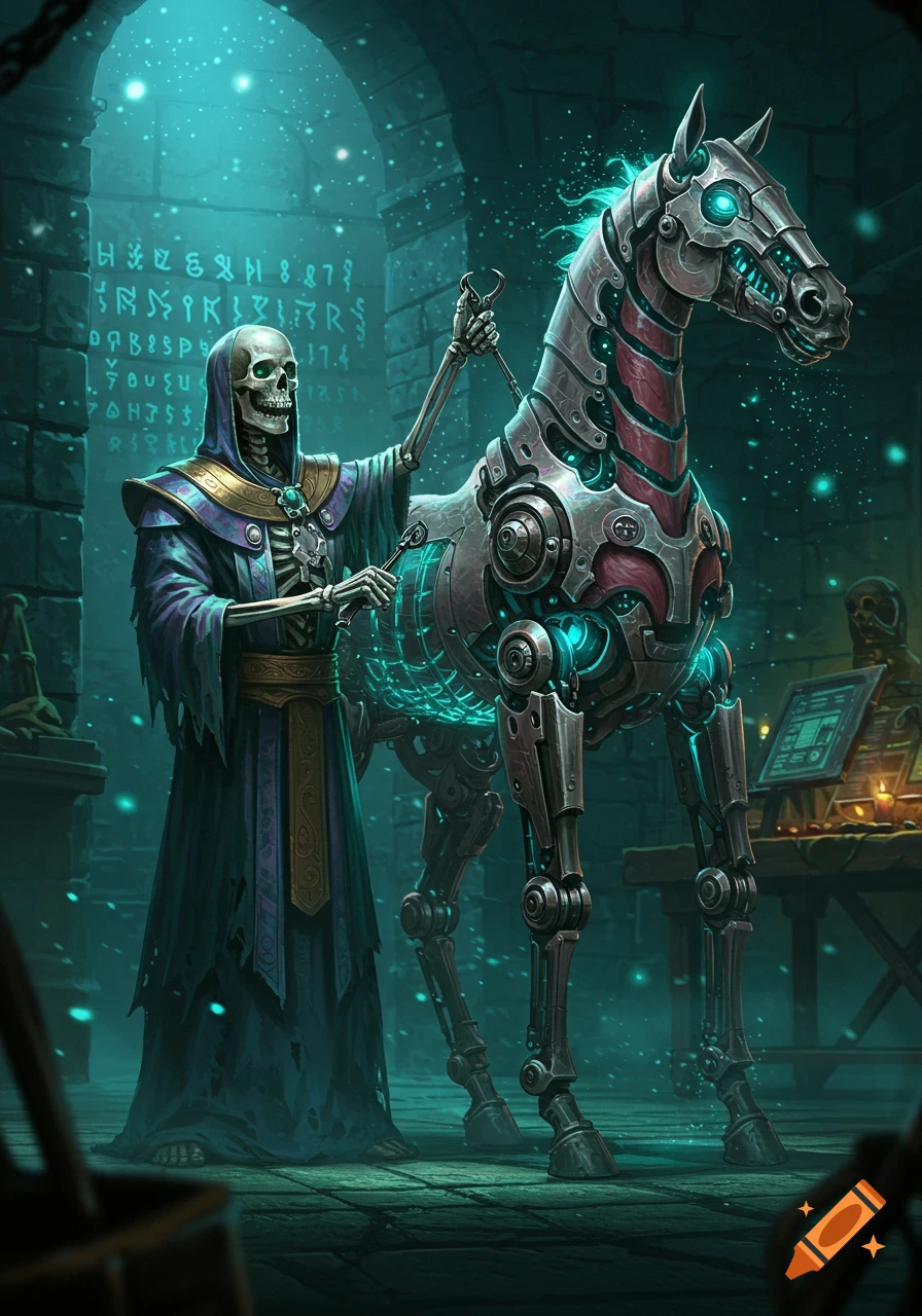 A skeleton in a dark robe works on a glowing biomechanical horse in a stone chamber with mysterious glyphs on the wall.
