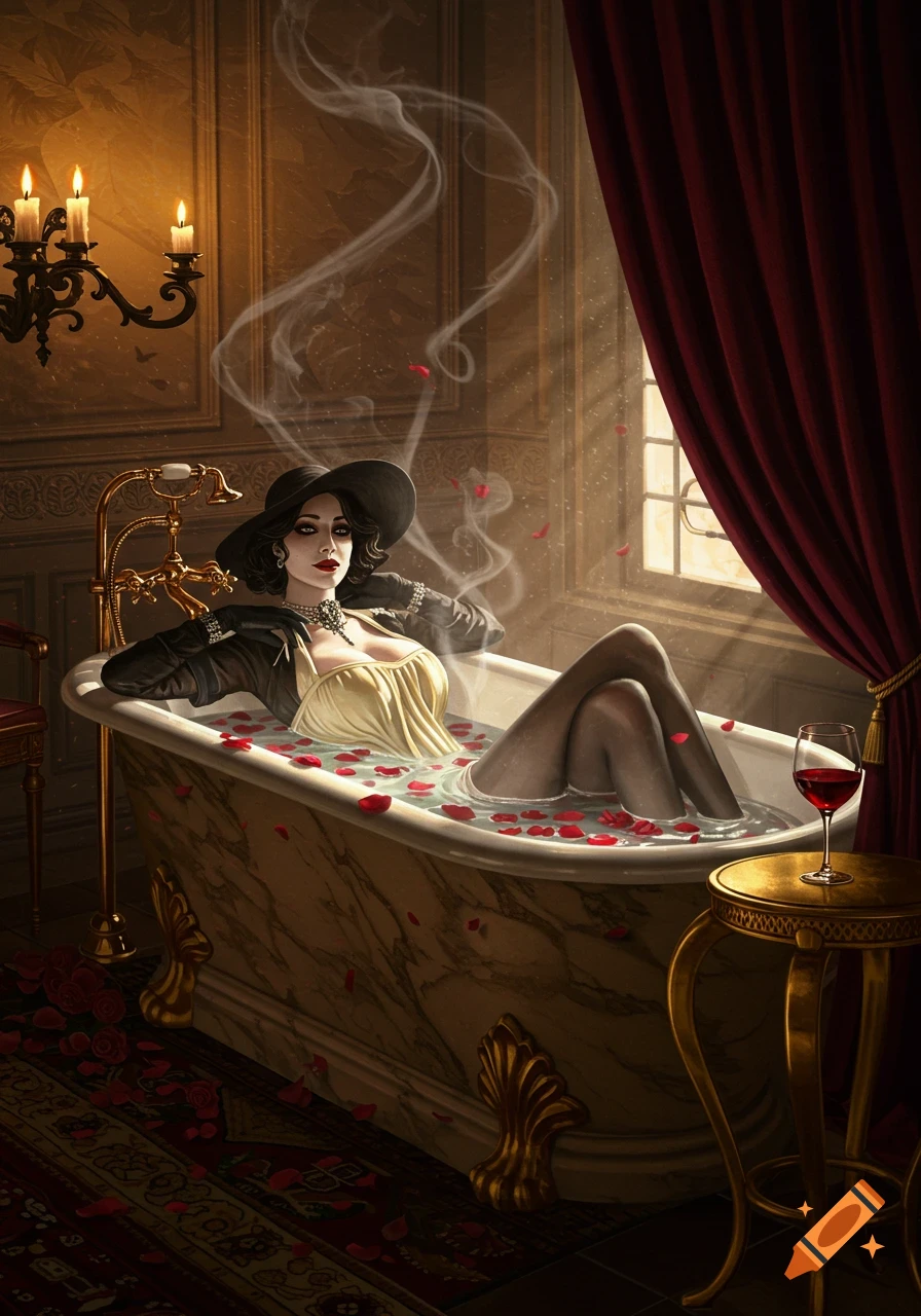 An illustration of a woman in a black hat and dress, relaxing in a bathtub filled with rose petals in a luxurious, candlelit room.