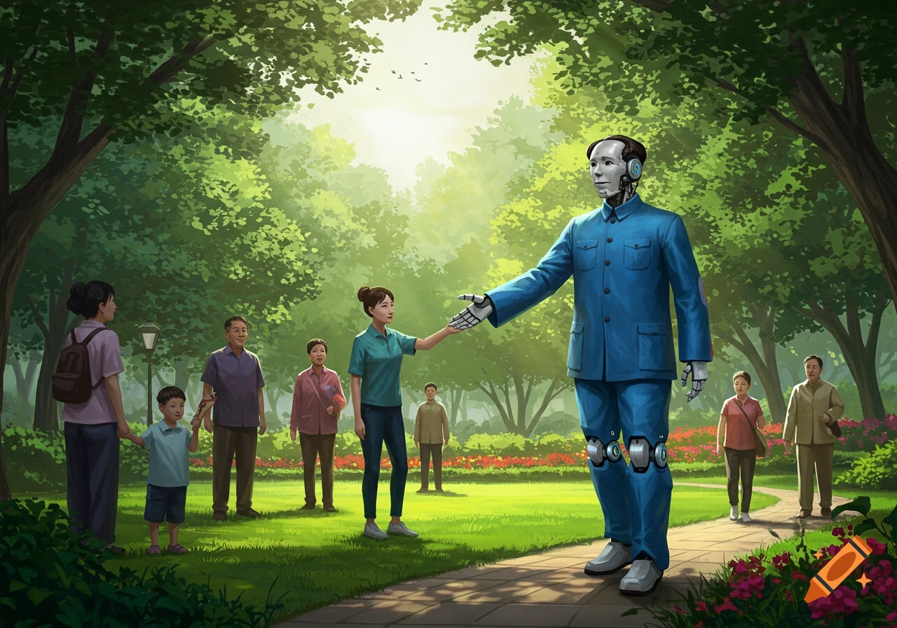An illustrated scene of a robot wearing a blue Mao suit extending its hand to greet a woman in a sunny park, with other people in the background.