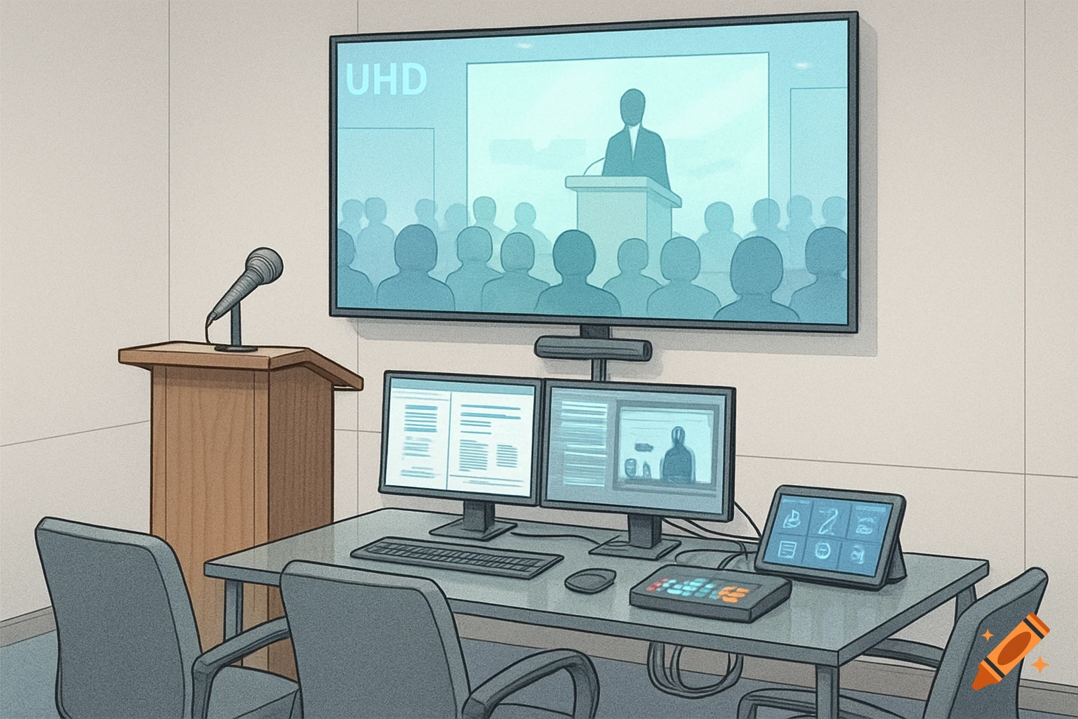 A diagram of an audio-video conference room setup with a large screen, microphone, and control desk.