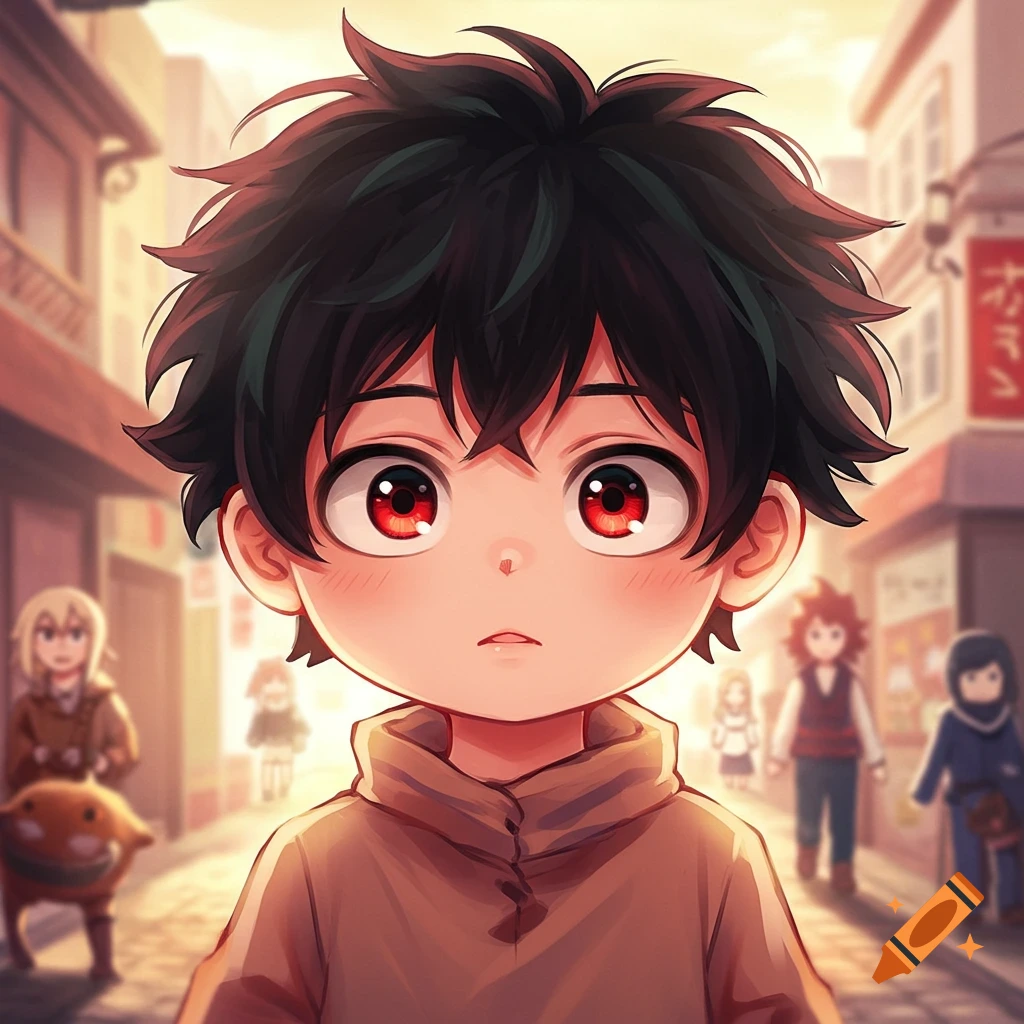 Cute anime boy with messy dark hair and red eyes in a street scene with blurred figures in the background.