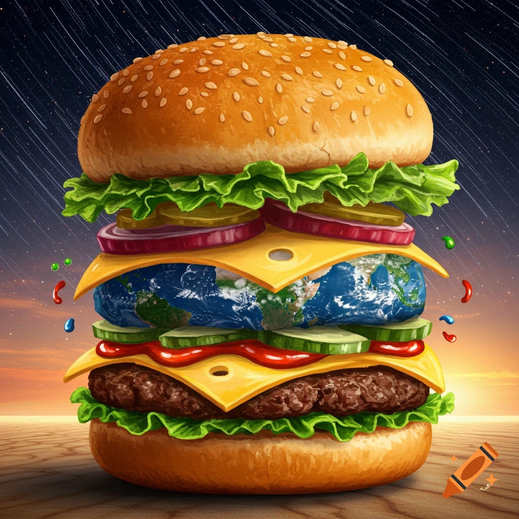 A giant surreal burger featuring the Earth as a patty, layered with cheese, vegetables, condiments, and buns, set against a cosmic sky with streaking stars.