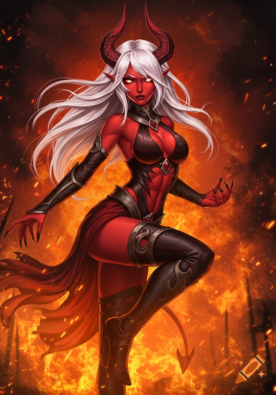 A red-skinned demon woman with long white hair and horns, wearing dark armor, stands against a fiery background in an anime style.