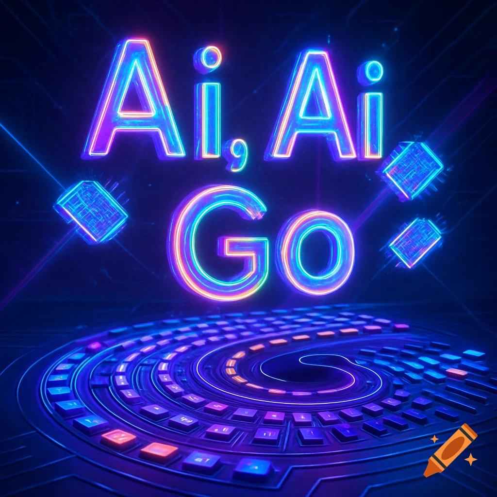 Neon glowing text 'Ai, Ai, GO' surrounded by circuit boards and microchips in a futuristic digital setting.