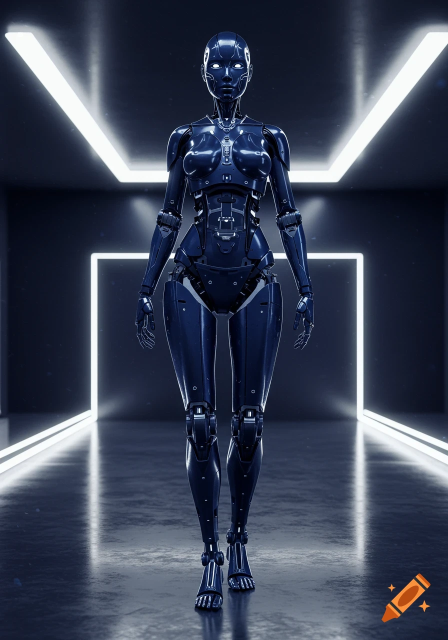 A dark blue, hyper-realistic female humanoid robot stands in a dark, futuristic room with glowing white neon lines on the walls.