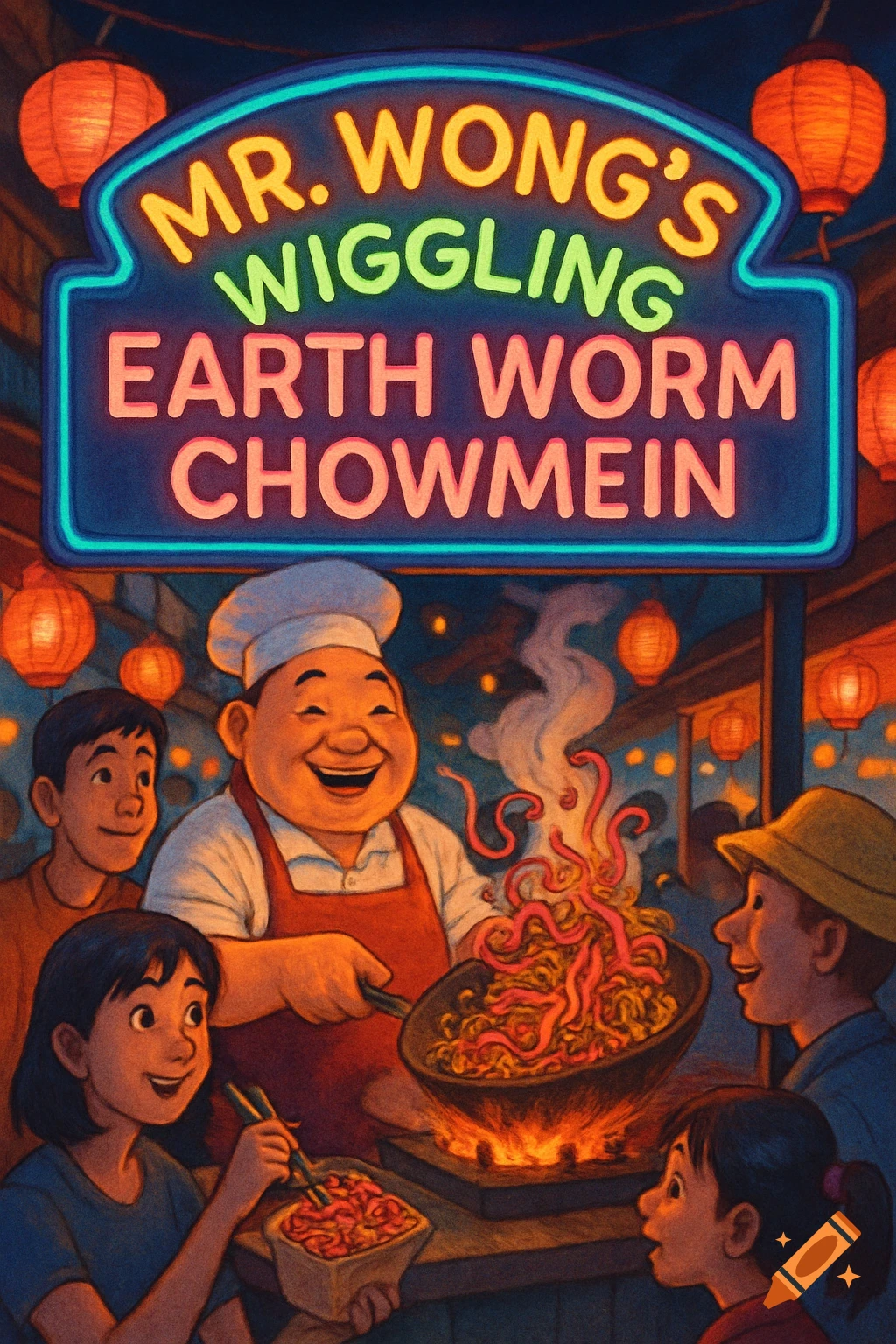A vibrant, cartoonish illustration of a chef at a night market stand, cooking "Mr. Wong's Wiggling Earth Worm Chowmein" for smiling customers under a neon sign.