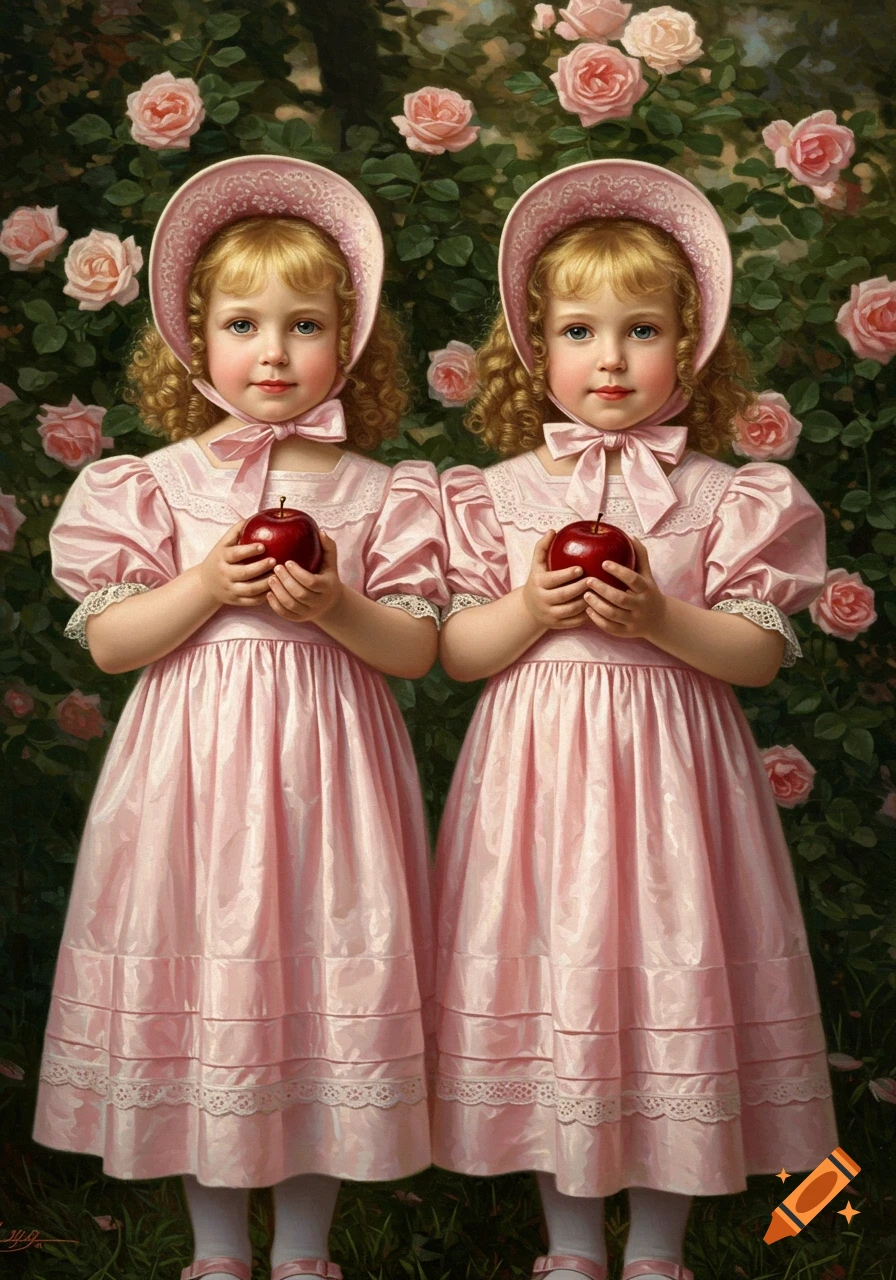A painting of two young girls in matching pink dresses and bonnets, holding red apples, standing in a garden of pink roses.