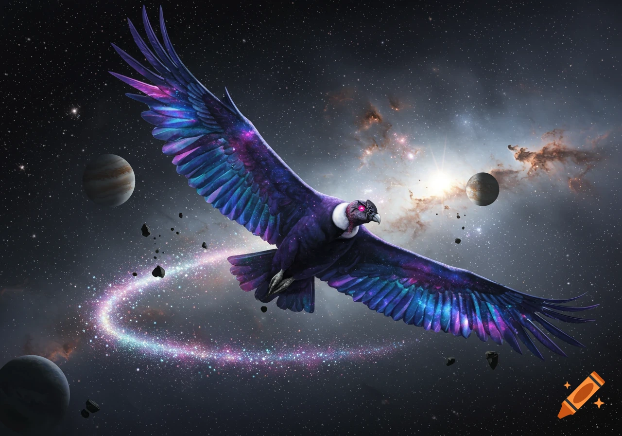 A majestic condor with glowing purple and blue cosmic-patterned wings soars through a starry galaxy with planets and a glowing nebula.