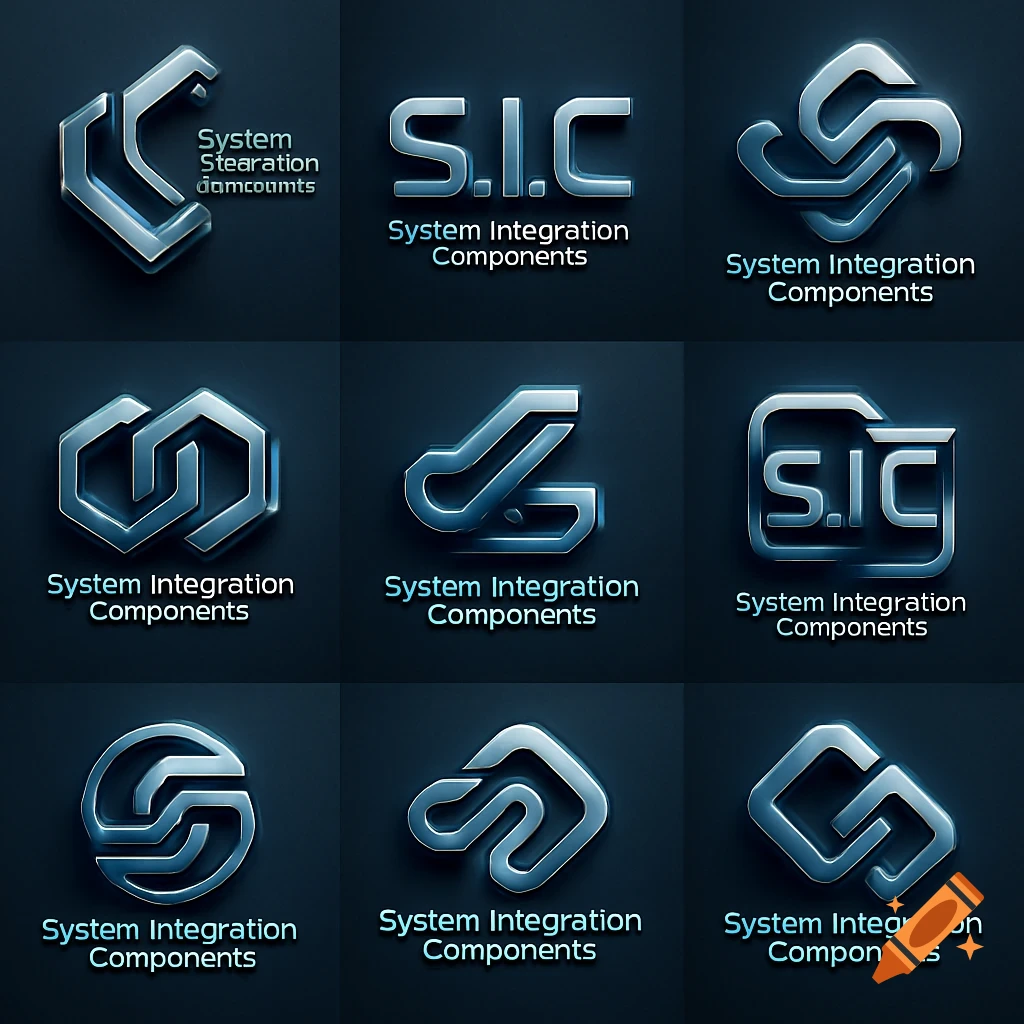 A grid of nine distinct metallic 3D logos with varying designs, some incorporating text like 'S.I.C.' and 'System Integration Components'.