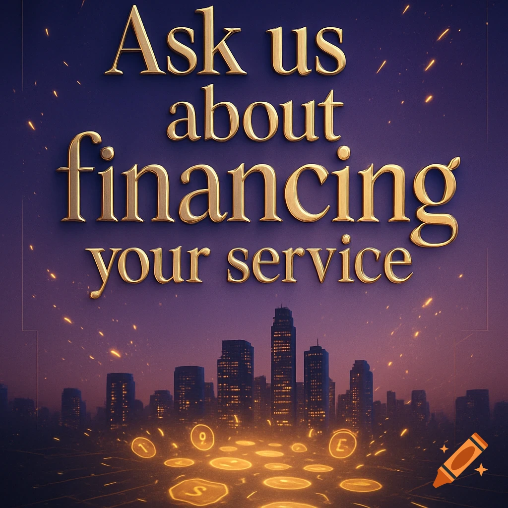 Golden 3D text 'Ask us about financing your service' above a glowing cityscape with abstract financial symbols.