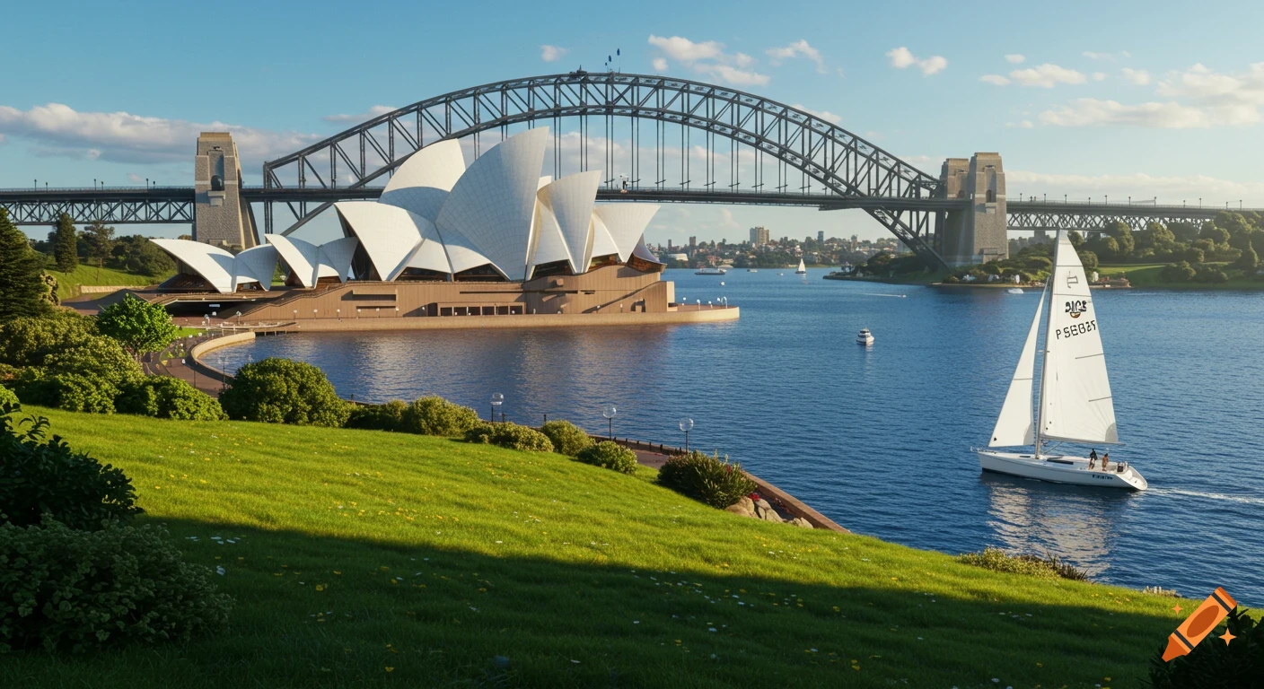 A photorealistic view of Sydney Opera House and Harbour Bridge from a grassy hill, with a white sailboat on the blue water.