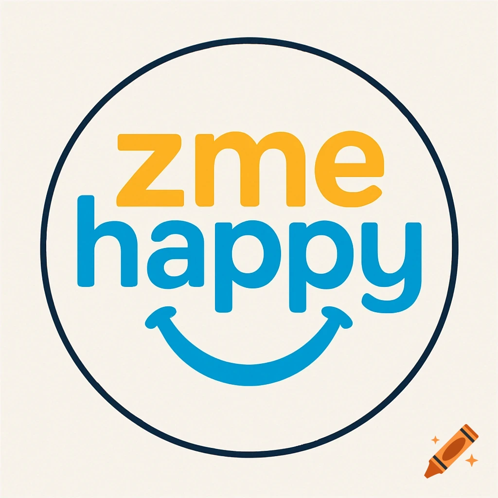 A logo in a white circle with a dark blue outline. It reads 'zme' in orange and 'happy' in blue, with a blue smiley face below.
