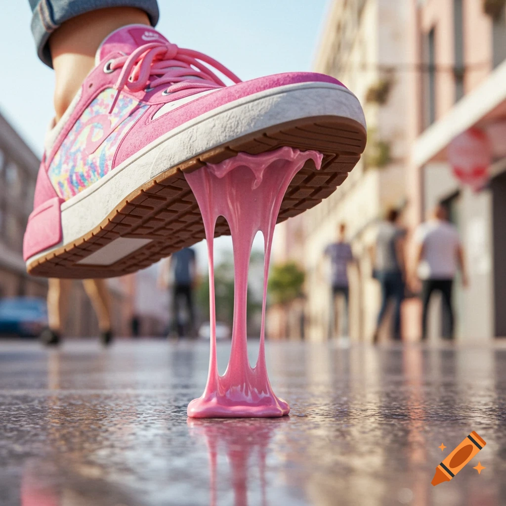 A close-up, low-angle shot of a person's pink sneaker with bubblegum stuck to its sole, on a wet city street.