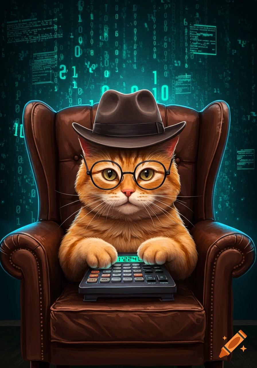 An orange cat with glasses and a fedora sits in a brown leather armchair, calculating on a calculator. Behind it is a green matrix of binary code.