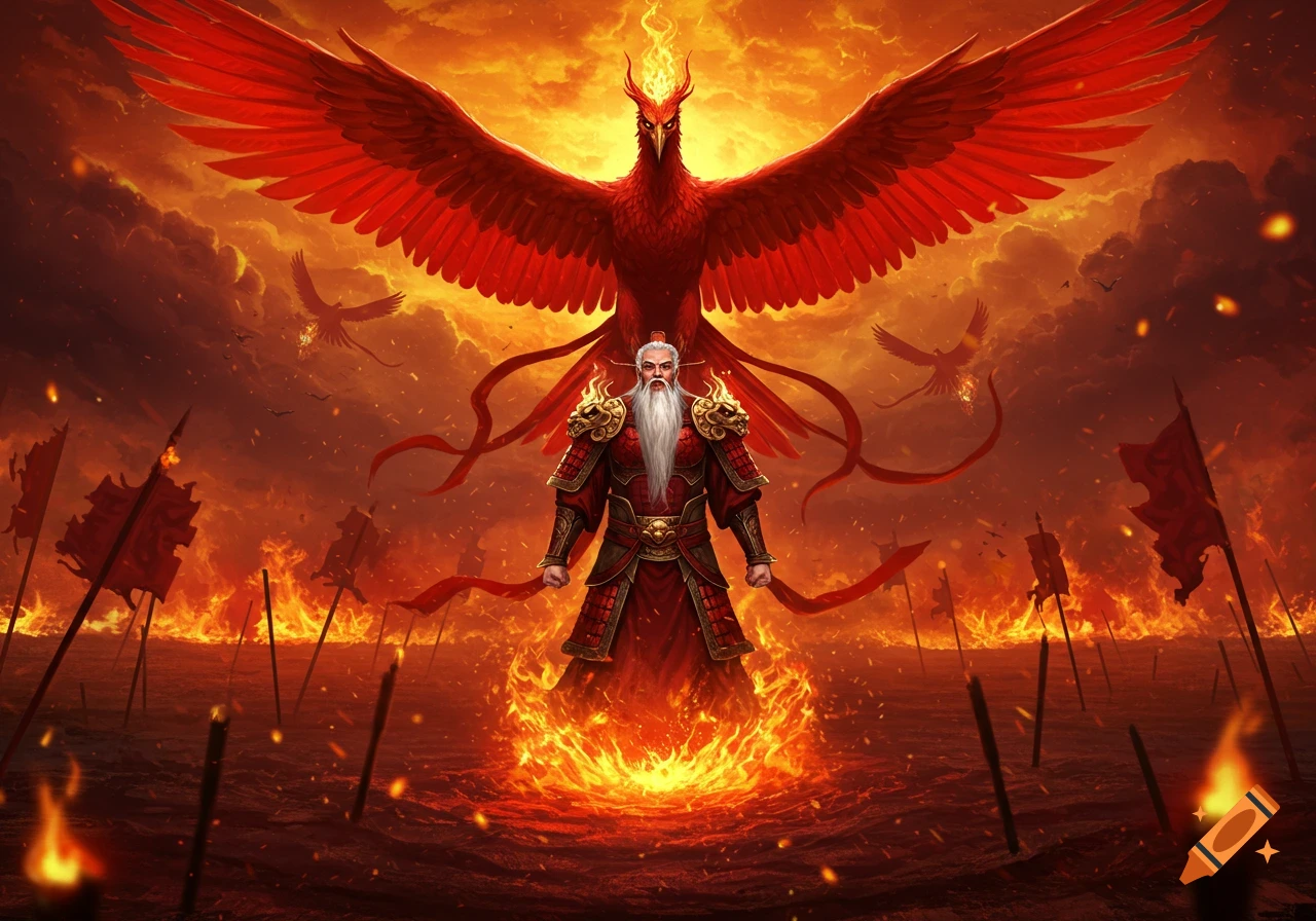 A wise old man in red armor stands in flames with a large red phoenix with widespread wings behind him against a fiery sky.