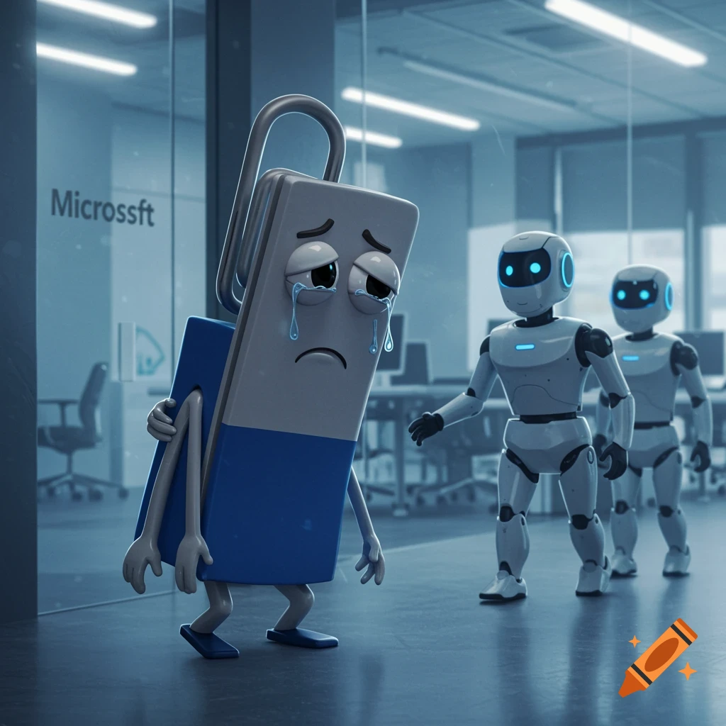 A sad, crying 3D animated paperclip character (Clippy) is escorted by two robots through a modern office building.