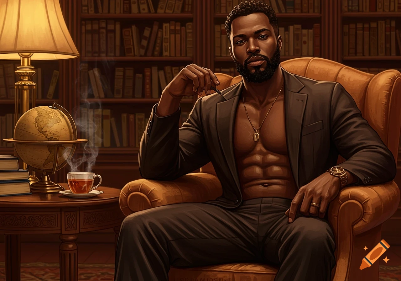 A Black man with a beard sits in a leather armchair in a library, wearing an open suit jacket, revealing his abs. He looks directly at the viewer.